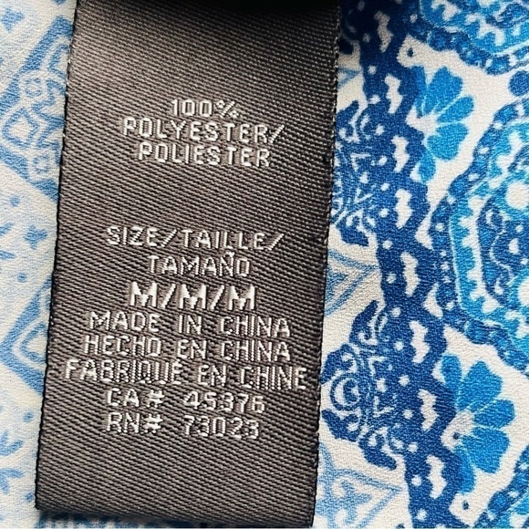 Suzy Shier Blue Geometric Zellige Print Boho Sleeveless Top with Shirring Size M - Picture 10 of 12